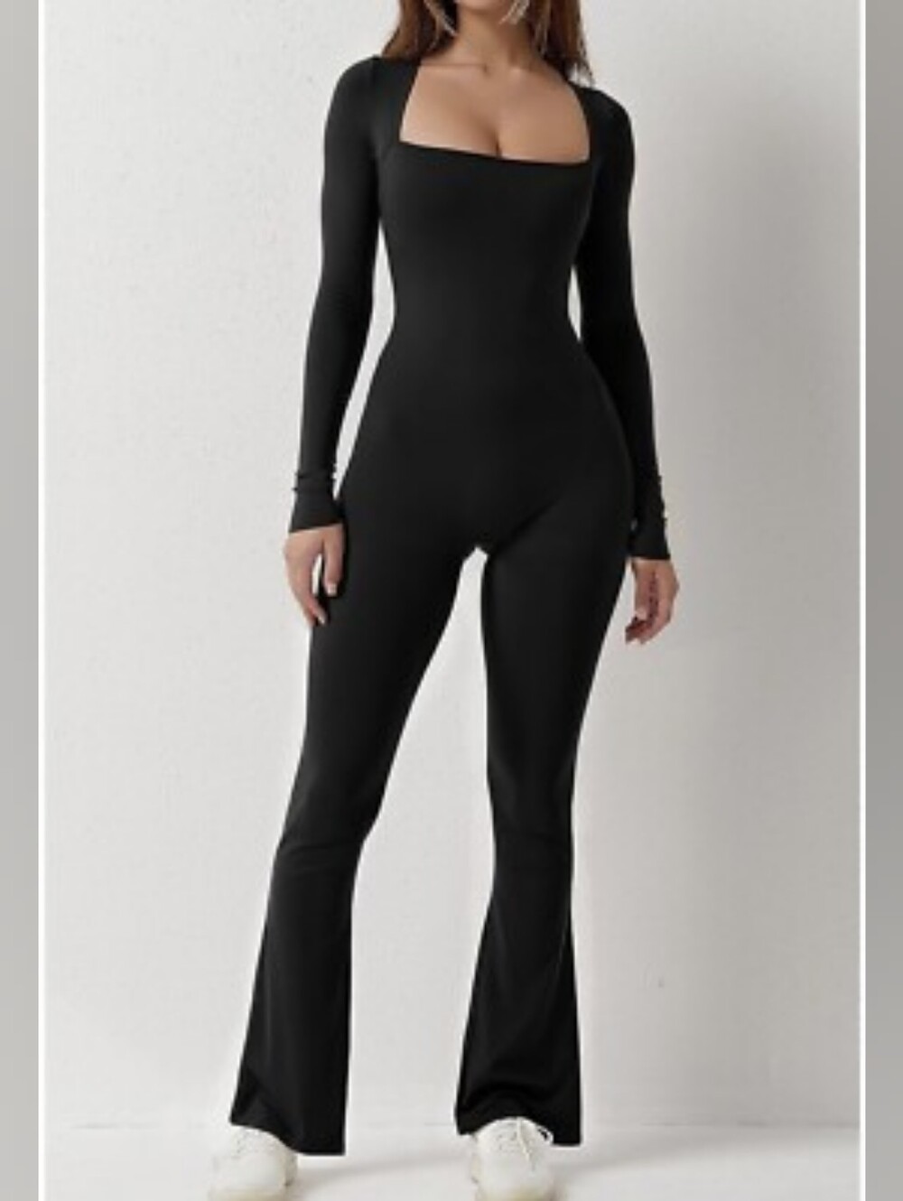 Qinsen Black Long-Sleeve Square-Neck Jumpsuit-Wide Leg -Size:S